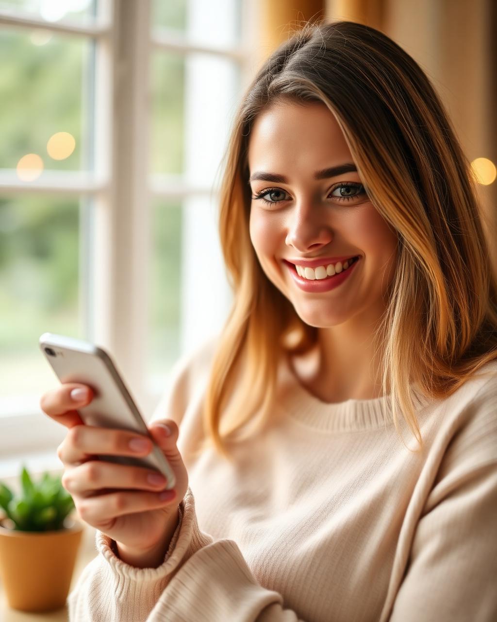 Customer smiling while tapping a five-star review on her phone
