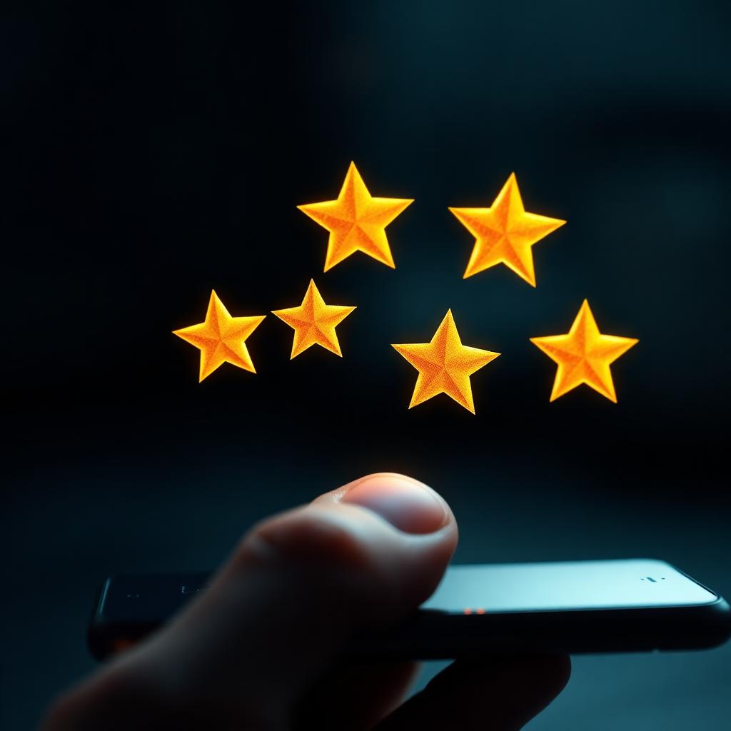 Glowing five-star rating hovering above a smartphone