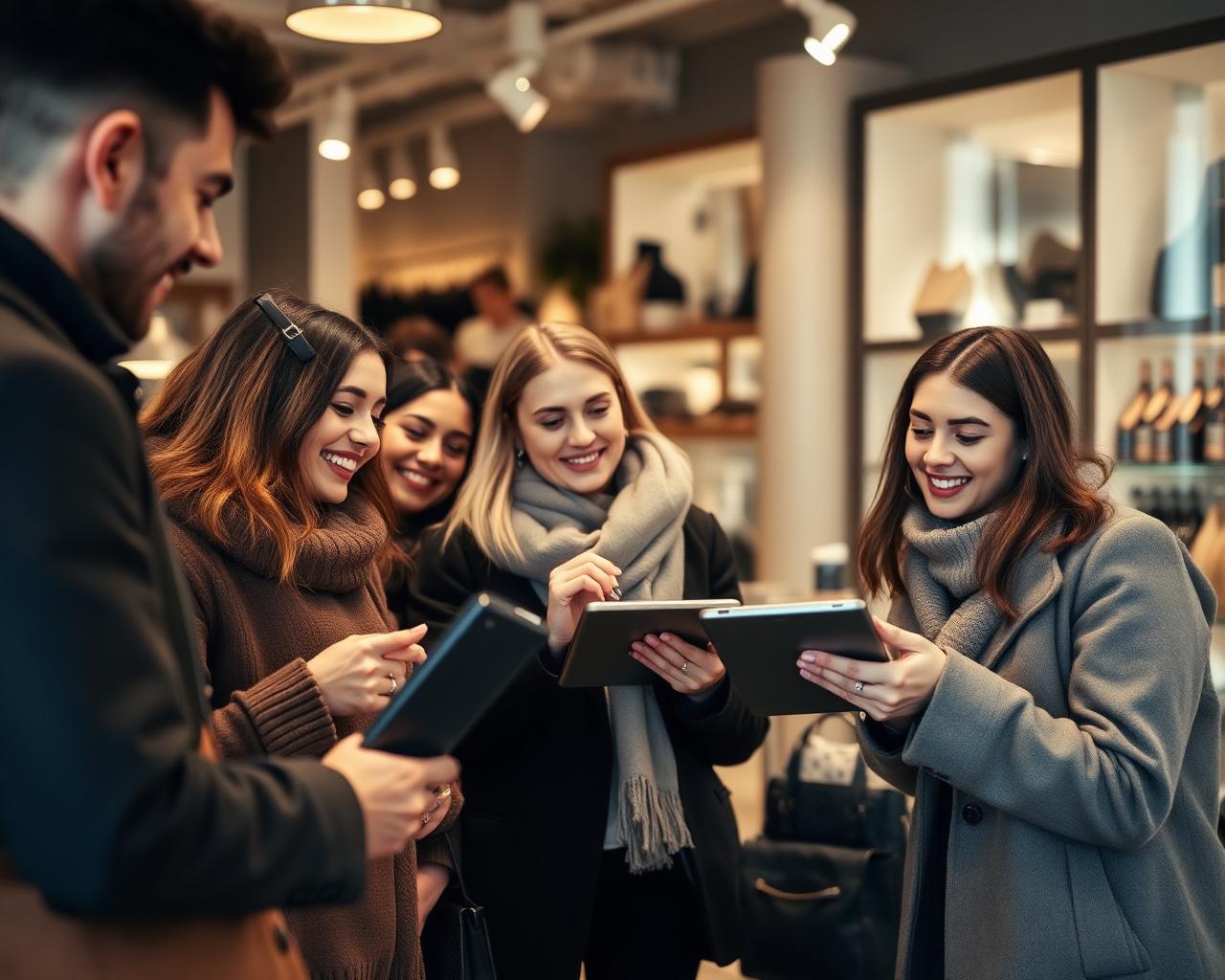 Group of shoppers leaving a review on an in-store tablet