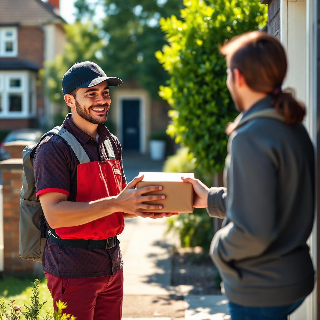 Courier handing a package to a smiling customer on a British doorstep