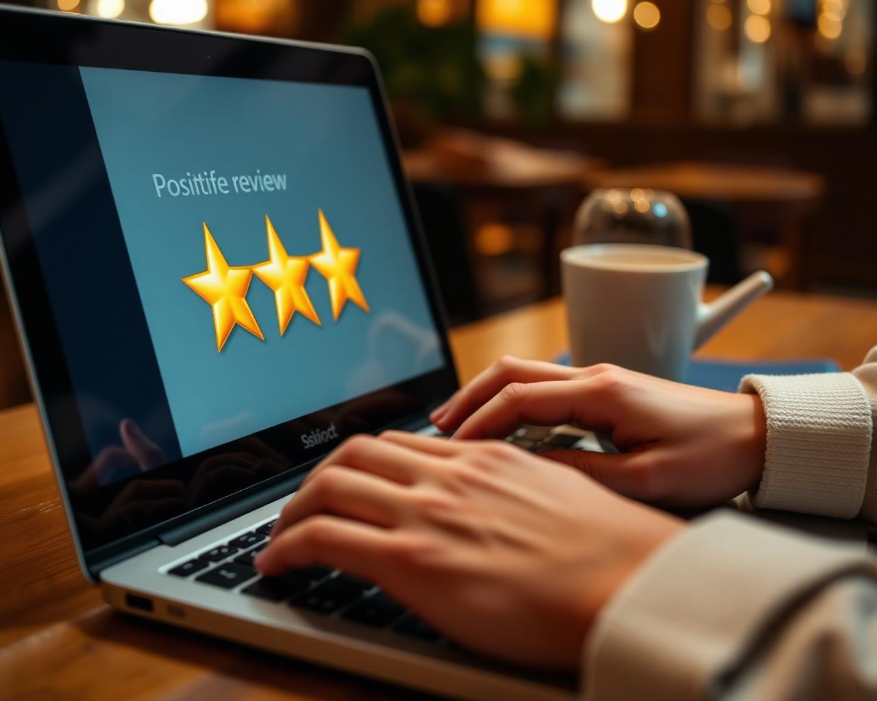 Hands typing a positive review on a laptop keyboard in a café
