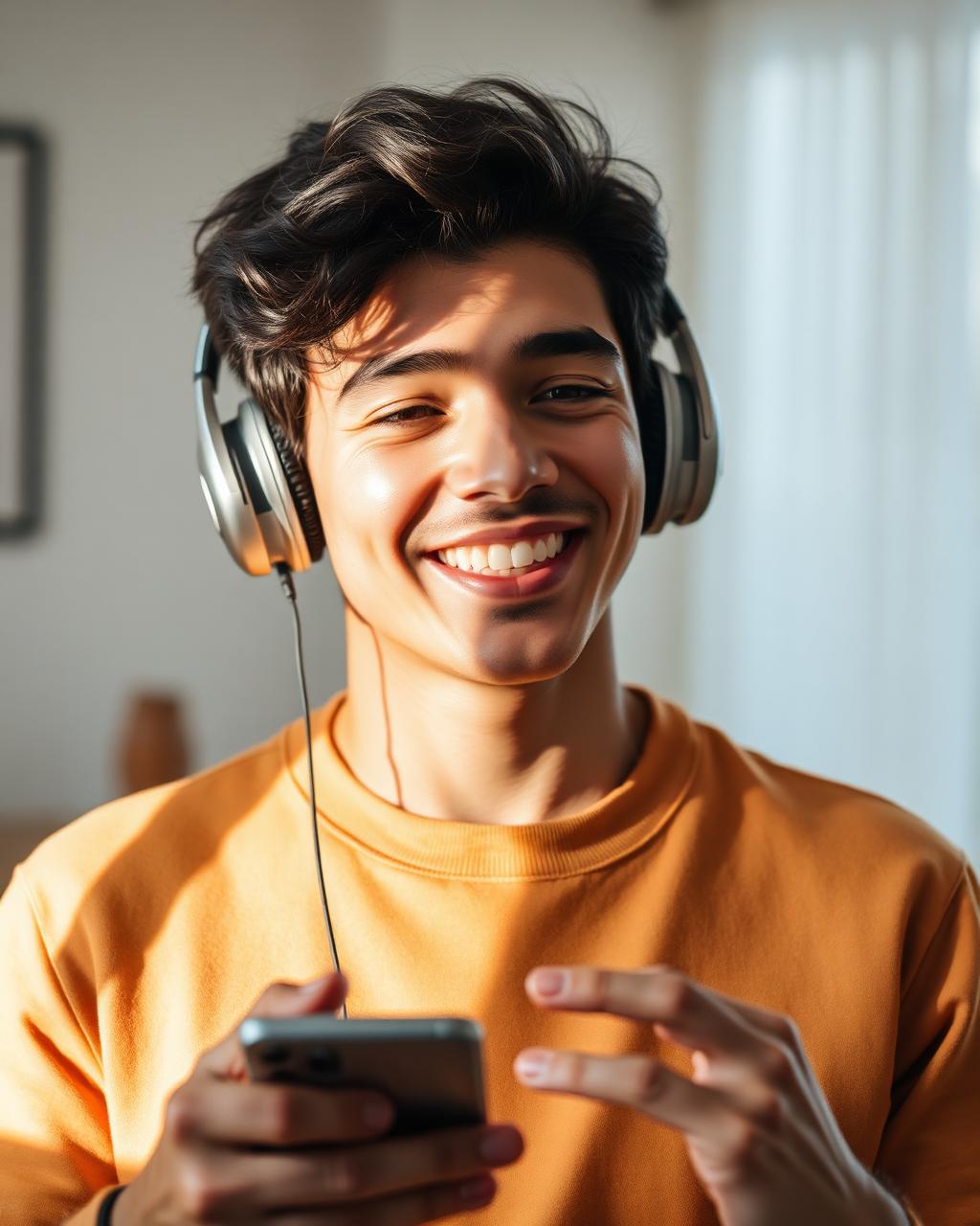 Young man smiling while recording a video review on his phone